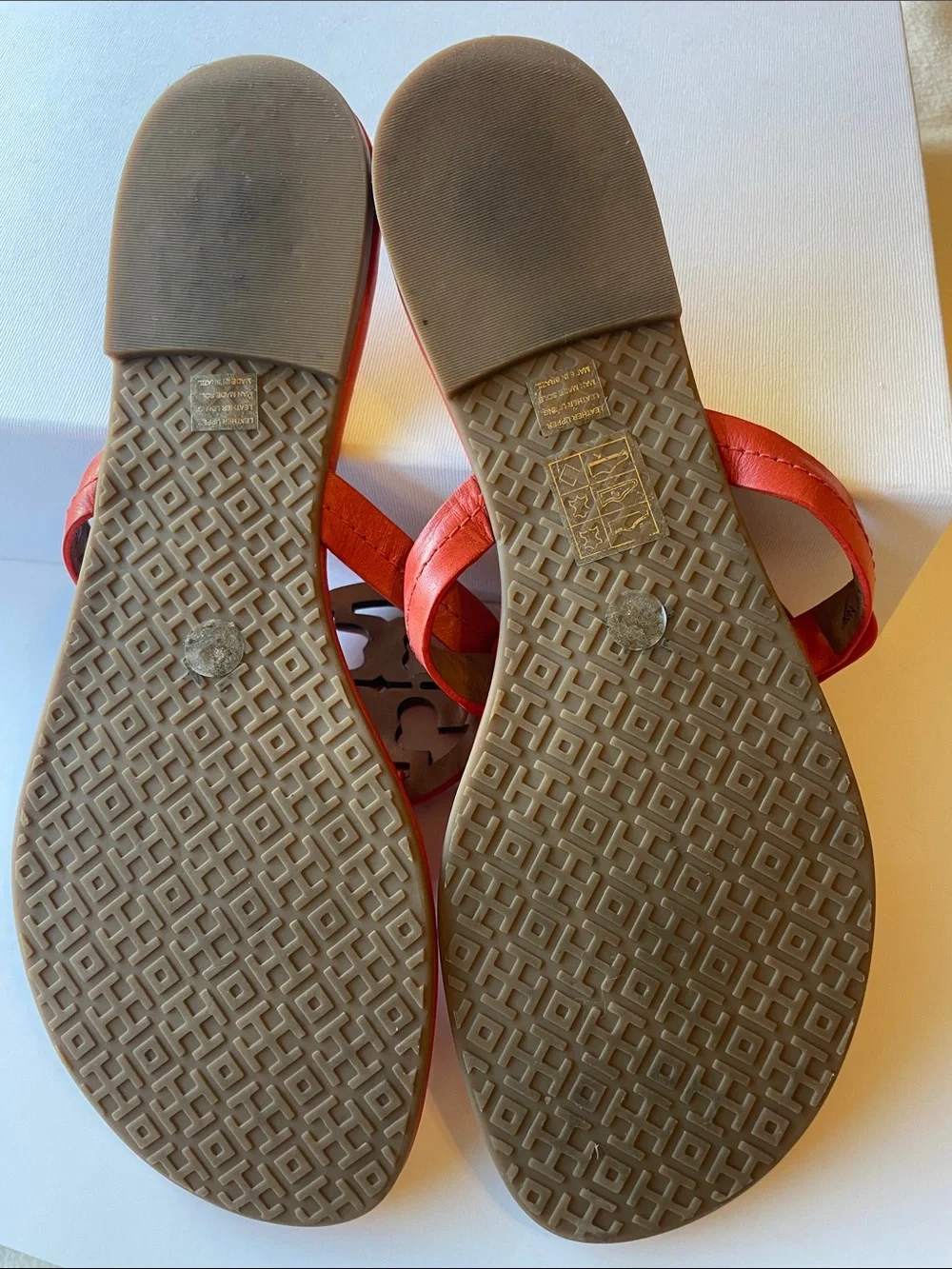 Tory Burch Women's Leather Miller Thong Sandals in Orange Coral Metal Logo